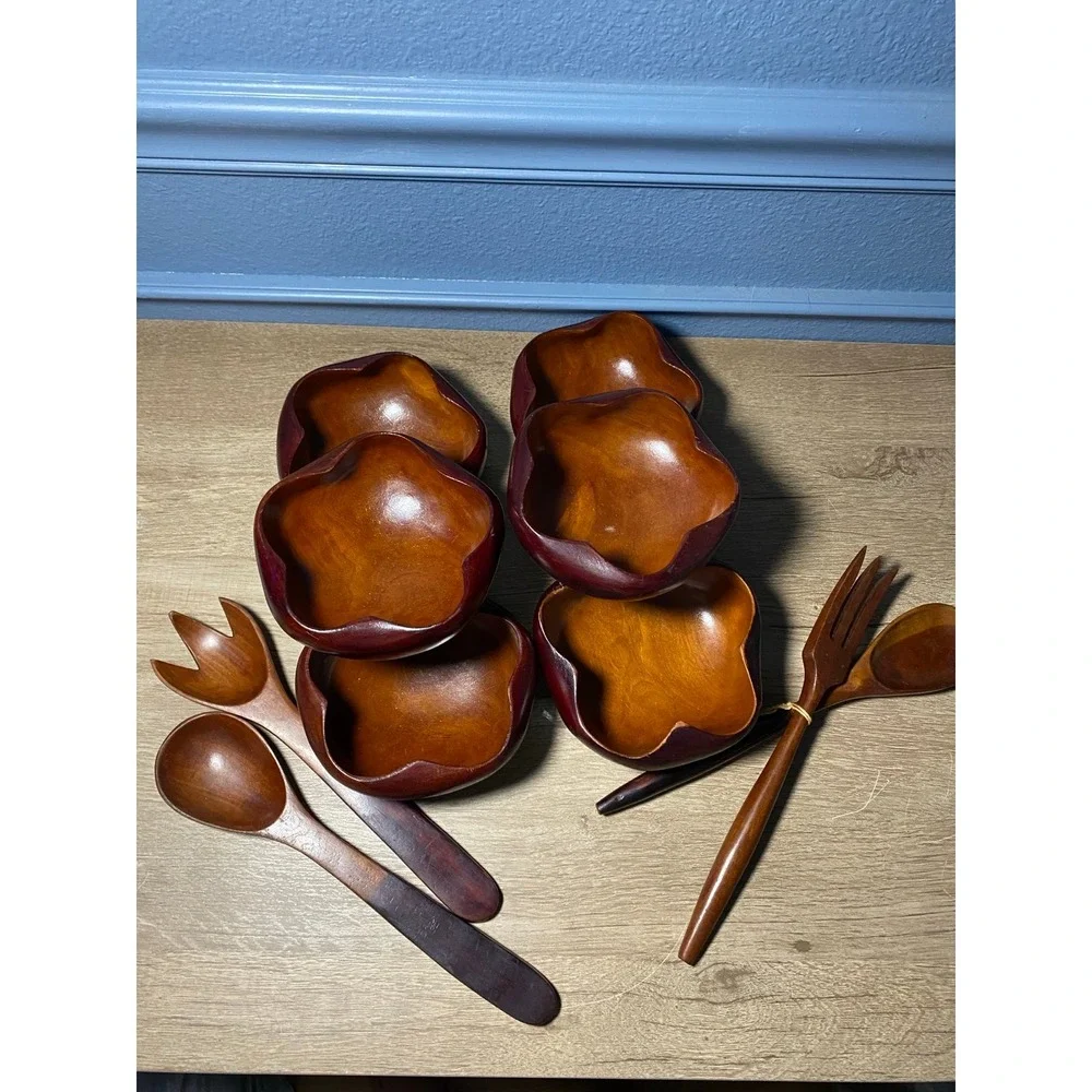 10pcs VTG 60s MCM Tiki Hawaiian Serving Bowl Set Wood Flower‎ Shape Utensils